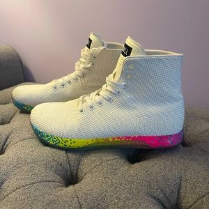 NOBULL High-Top White Trainers with colorful bottom. Exclusive.